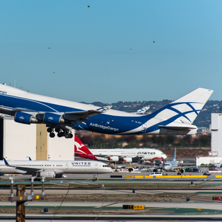Air Bridge Cargo Boeing 747-400 freighter departs the south complex at LAX