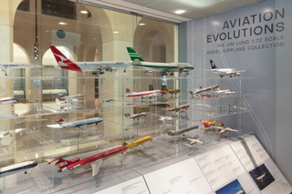 Image: Installation view of "Aviation Evolutions: The Jim Lund 1:72 Scale Model Airplane Collection"