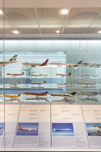 Image: Installation view of "Aviation Evolutions: The Jim Lund 1:72 Scale Model Airplane Collection"