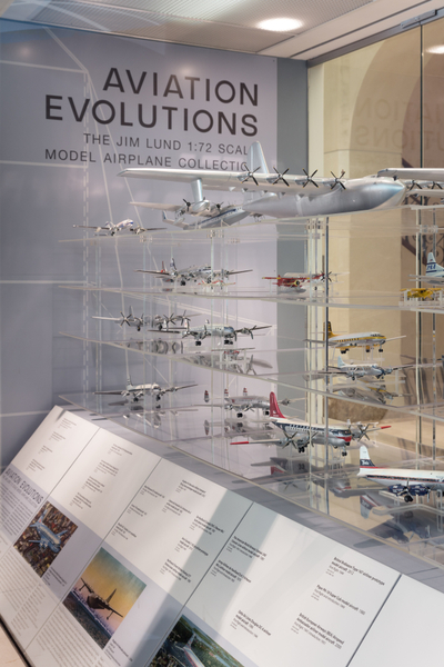 Image: Installation view of "Aviation Evolutions: The Jim Lund 1:72 Scale Model Airplane Collection"