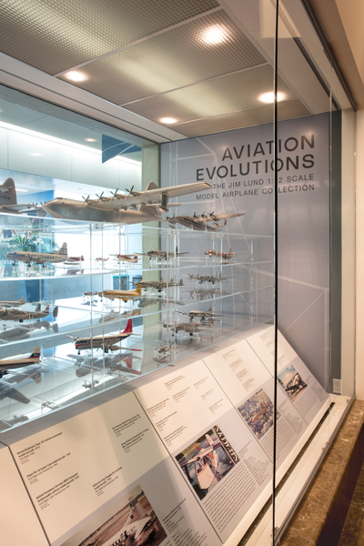 Image: Installation view of "Aviation Evolutions: The Jim Lund 1:72 Scale Model Airplane Collection"