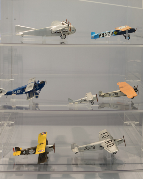 Image: Installation view of "Aviation Evolutions: The Jim Lund 1:72 Scale Model Airplane Collection"