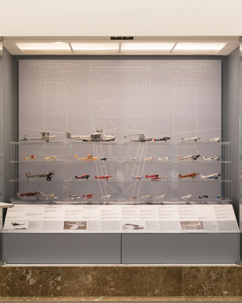Image: Installation view of "Aviation Evolutions: The Jim Lund 1:72 Scale Model Airplane Collection"
