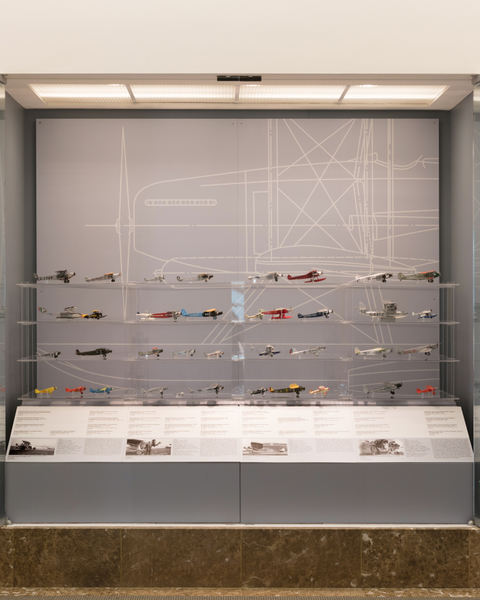 Image: Installation view of "Aviation Evolutions: The Jim Lund 1:72 Scale Model Airplane Collection"
