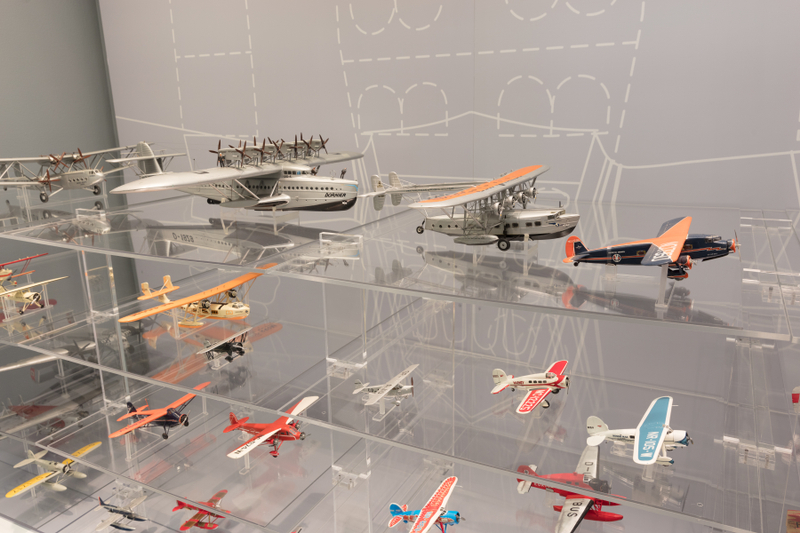 Image: Installation view of "Aviation Evolutions: The Jim Lund 1:72 Scale Model Airplane Collection"