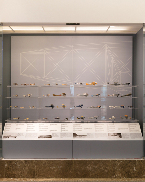 Image: Installation view of "Aviation Evolutions: The Jim Lund 1:72 Scale Model Airplane Collection"