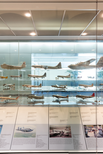 Image: Installation view of "Aviation Evolutions: The Jim Lund 1:72 Scale Model Airplane Collection"