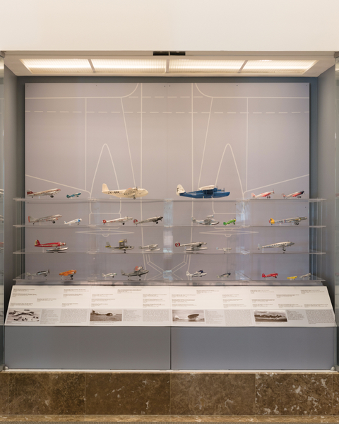 Image: Installation view of "Aviation Evolutions: The Jim Lund 1:72 Scale Model Airplane Collection"