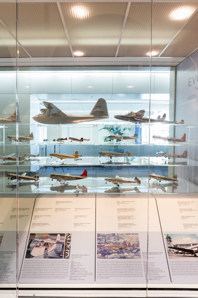Image: Installation view of "Aviation Evolutions: The Jim Lund 1:72 Scale Model Airplane Collection"