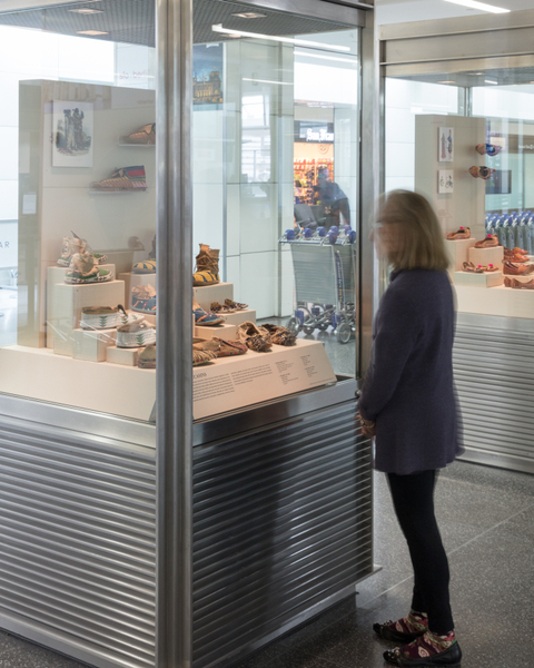 Image: Installation view of "Stepping Out: Shoes in World Cultures"