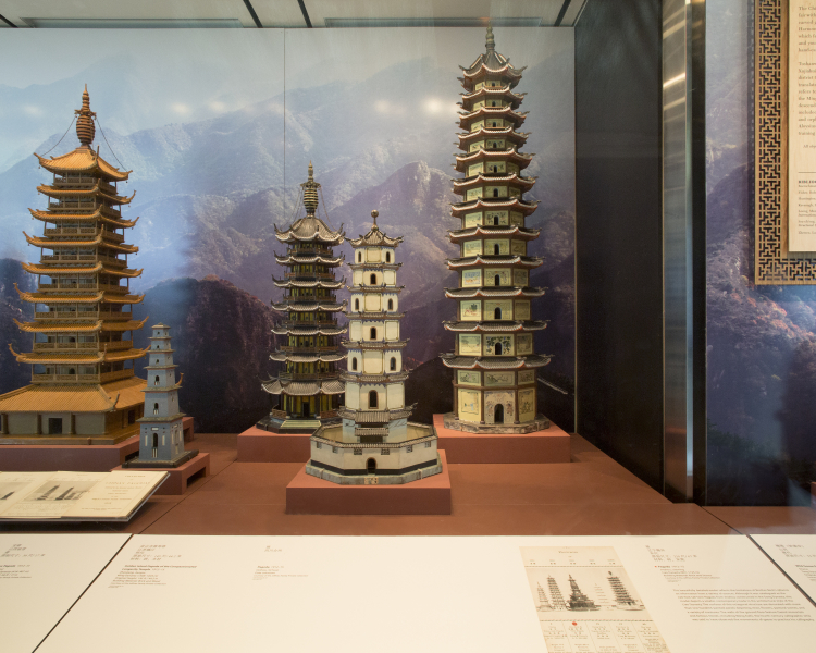Image: Installation view of "The Tushanwan Pagodas: Models from the 1915 Panama-Pacific International Exposition"