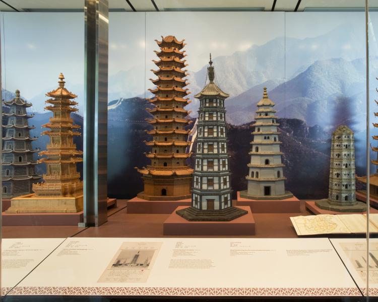 Image: Installation view of "The Tushanwan Pagodas: Models from the 1915 Panama-Pacific International Exposition"