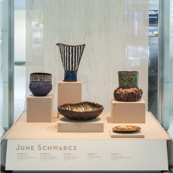 Image: Installation view of "Turn, Weave, Fire and Fold: Vessels from the Forrest L. Merrill Collection"