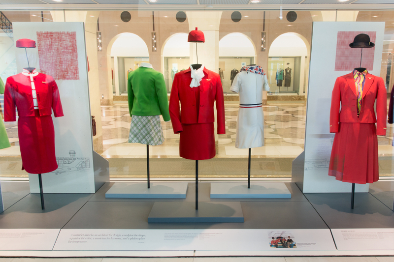 Image: Installation view of "Fashion in Flight: A History of Airline Uniform Design"