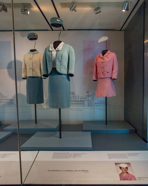 Image: Installation view of "Fashion in Flight: A History of Airline Uniform Design"