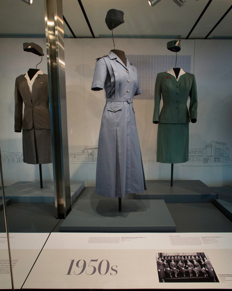 Image: Installation view of "Fashion in Flight: A History of Airline Uniform Design"