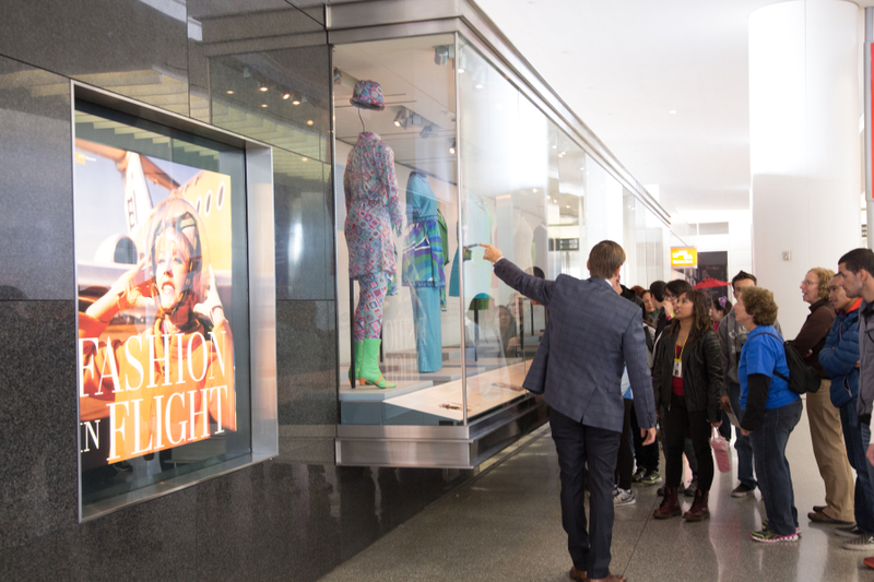 Image: Installation view of "Fashion in Flight: A History of Airline Uniform Design"
