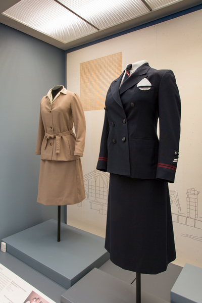 Image: Installation view of "Fashion in Flight: A History of Airline Uniform Design"