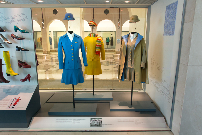 Image: Installation view of "Fashion in Flight: A History of Airline Uniform Design"