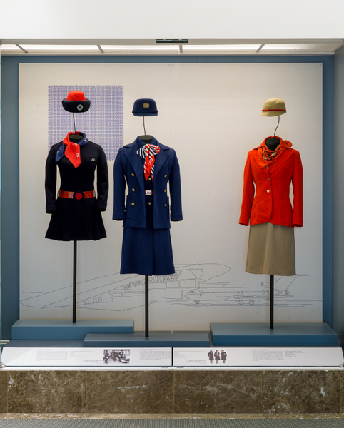 Image: Installation view of "Fashion in Flight: A History of Airline Uniform Design"