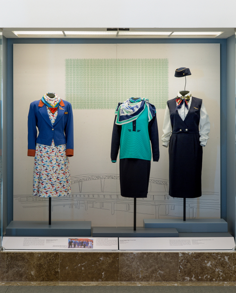 Image: Installation view of "Fashion in Flight: A History of Airline Uniform Design"