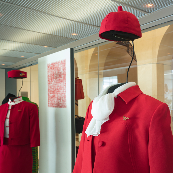 Image: Installation view of "Fashion in Flight: A History of Airline Uniform Design"