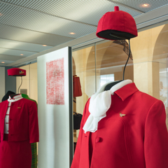 Image: Installation view of "Fashion in Flight: A History of Airline Uniform Design"
