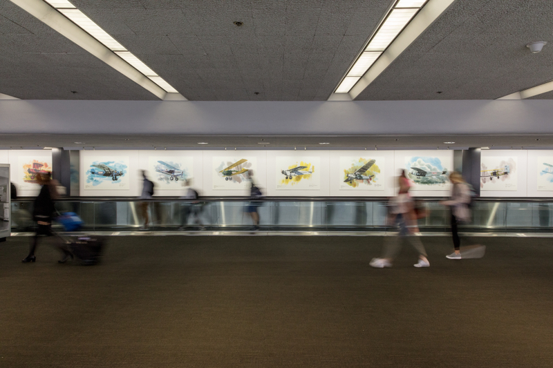 Image: Installation view of "Flying the Main Line: A History of United Airlines"