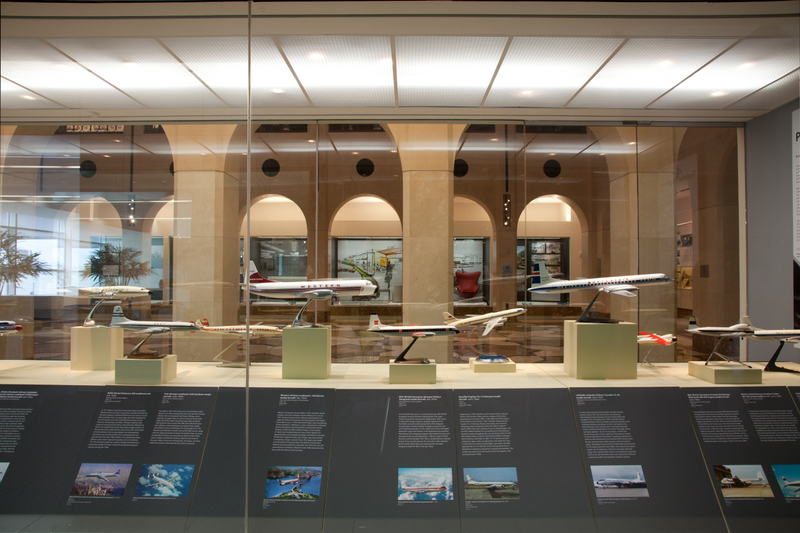 Image: Installation view of "Postwar Propliners in Miniature: Models from the Collection of Anthony J. Lawler"