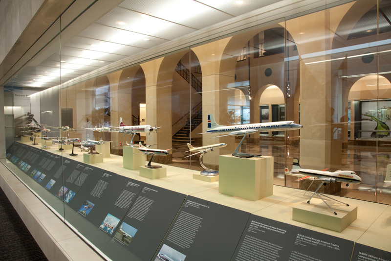 Image: Installation view of "Postwar Propliners in Miniature: Models from the Collection of Anthony J. Lawler"