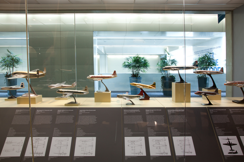 Image: Installation view of "Postwar Propliners in Miniature: Models from the Collection of Anthony J. Lawler"