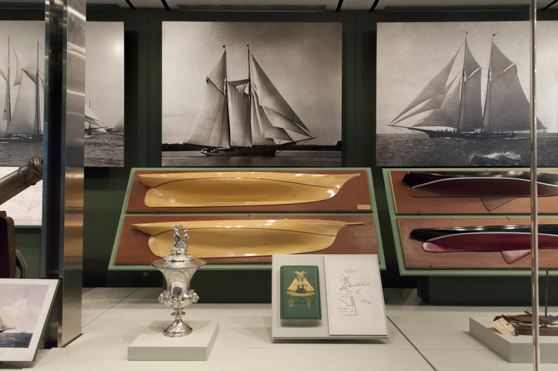 Image: Installation view of "America’s Cup, Sailing for International Sport’s Greatest Trophy 1851-1937"