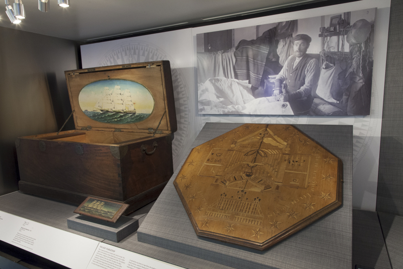 Image: Installation view of "From Ship to Shore: Nautical Arts from the San Francisco Maritime National Historic Park"