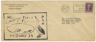 Image: airmail flight cover: Pan American Airways, Second Pacific survey flight, San Francisco - Honolulu - Midway