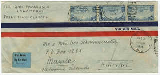 Image: airmail flight cover: Pan American Airways, Westbound from Newark, New Jersey to Manila via Philippine Clipper, December 3-16, 1935