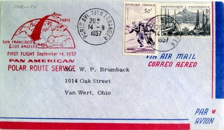 Image: airmail flight cover: Pan American World Airways, first flight, polar route service, Paris - San Francisco route