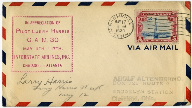 Airmail flight cover: Interstate Airlines, CAM-30, Chicago - Atlanta route