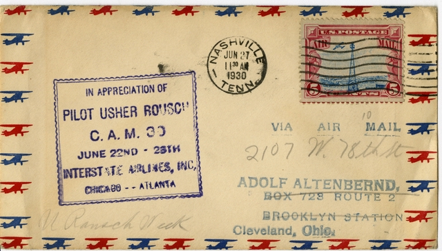 Airmail flight cover: Interstate Airlines, Inc., CAM-30, Chicago - Atlanta route, Usher Rousch