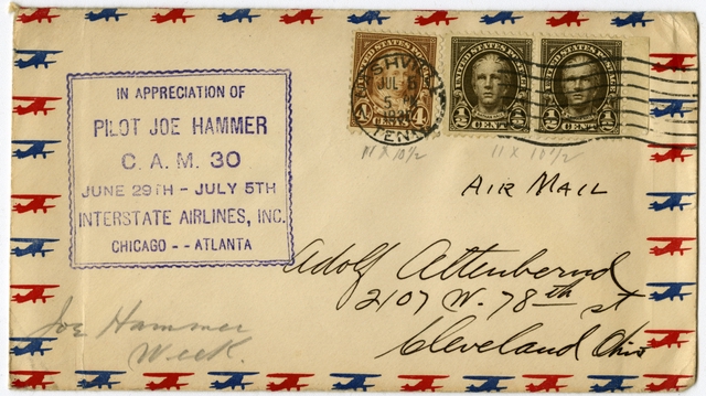 Airmail flight cover: Interstate Airlines, Inc., CAM-30, Chicago - Atlanta route, Joe Hammer