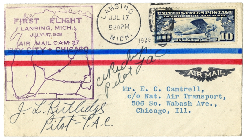 Image: airmail flight cover: CAM-27, Lansing, Michigan - Chicago route