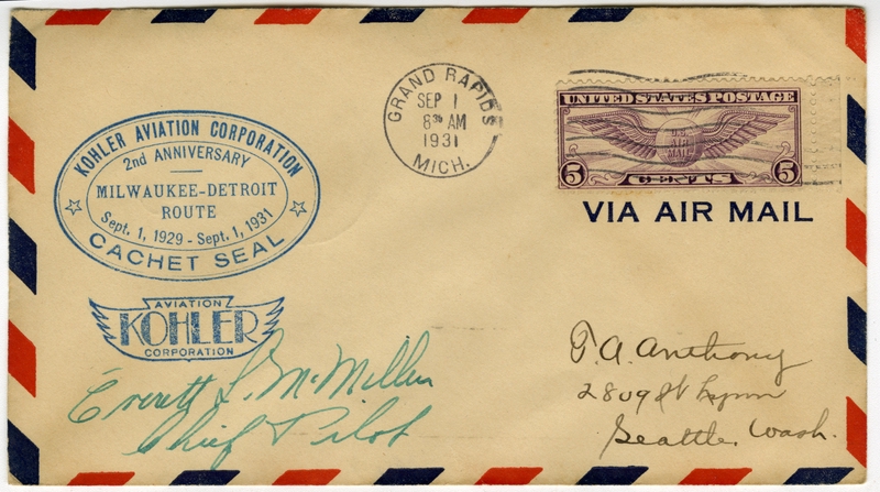 Image: airmail flight cover: Kohler Aviation Corporation, Milwaukee - Detroit route, 2nd Anniversary