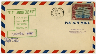 Image: airmail flight cover: Interstate Airlines, Inc., CAM-30, 1st Anniversary