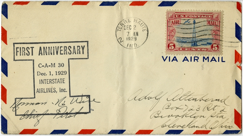 Image: airmail flight cover: Interstate Airlines, Inc., CAM-30, 1st Anniversary