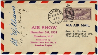 Image: airmail flight cover: Hornets Nest Post No. 9, American Legion Air Show, Charlotte, North Carolina