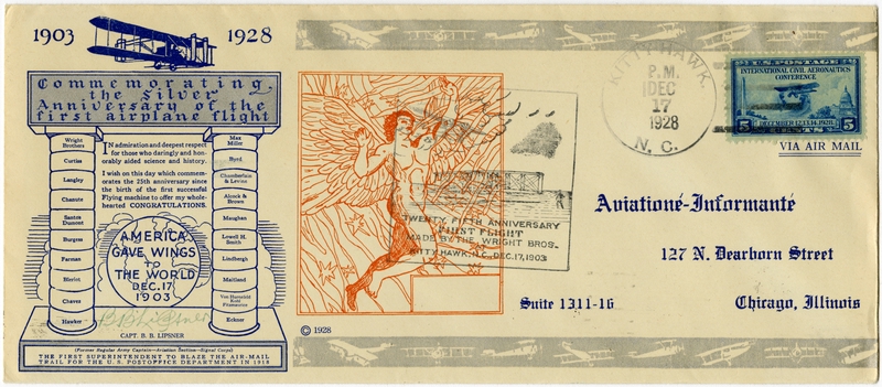 Image: airmail flight cover: Wright Brothers first flight, 25th Anniversary