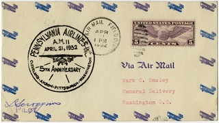 Image: airmail flight cover: Pennsylvania Central Airlines, AM-11, 5th Anniversary