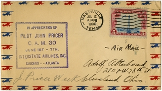 Image: airmail flight cover: Interstate Airlines, Inc., CAM-30, Chicago - Atlanta route, John Pricer