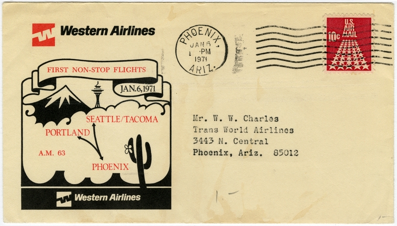 Image: airmail flight cover: First nonstop flights, Western Airlines, AM-63, Seattle / Portland - Phoenix