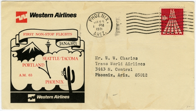 Airmail flight cover: First nonstop flights, Western Airlines, AM-63, Seattle / Portland - Phoenix