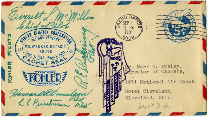 Image: airmail flight cover: Kohler Aviation Corporation, Milwaukee - Detroit route, 2nd Anniversary